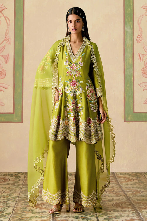 Olive Contrast Cordwork Flared Kurta with Bell Bottom Pants