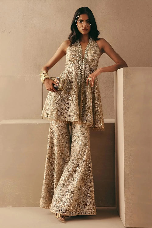 Golden Mirrorwork Backless Peplum Top with Floral Lacework Shararas
