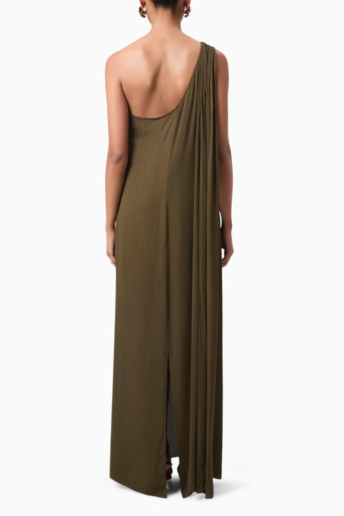 Olive One Shoulder Draped Gown