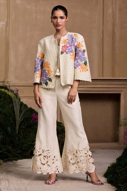 Ivory Smocked Bustier And Short Jacket With Flared Pant