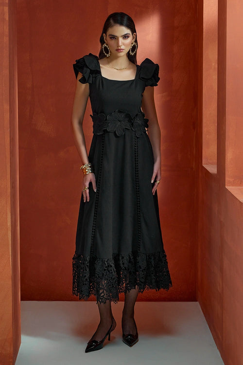 Black Flutter Sleeved Midi Dress