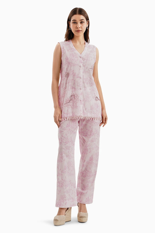 Pink Lawn Cotton Castle Print Jacket and Pants Set With Pearls