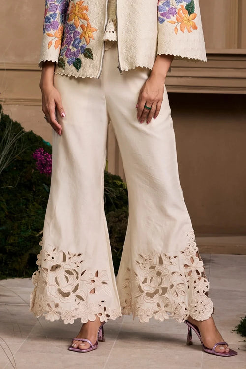 Ivory Floral Cutwork Bell Bottom Pants