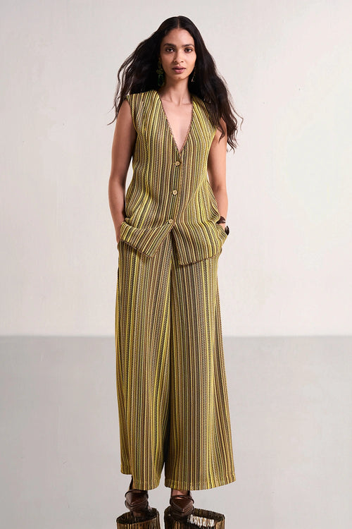 Scalloped Crochet Knit Waistcoat & Wide-Legged Pant Set