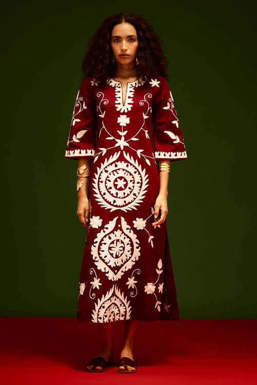 Burgundy Wine Ivory Wave Thread Embroidered Maxi Dress