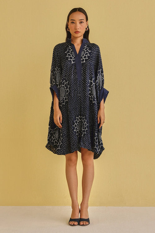 Indigo Gajji Silk Bandhani Dress with Pintucks