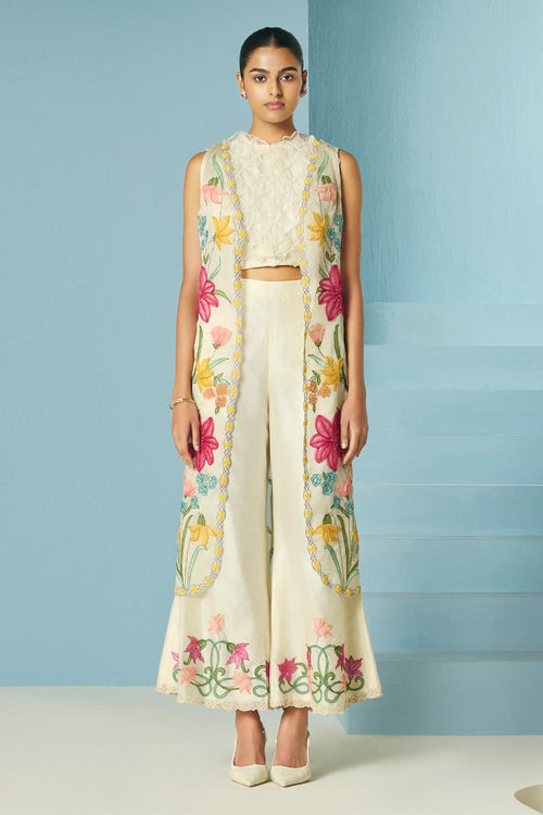 Ivory Floral Applique Long Jacket With Top And Pants