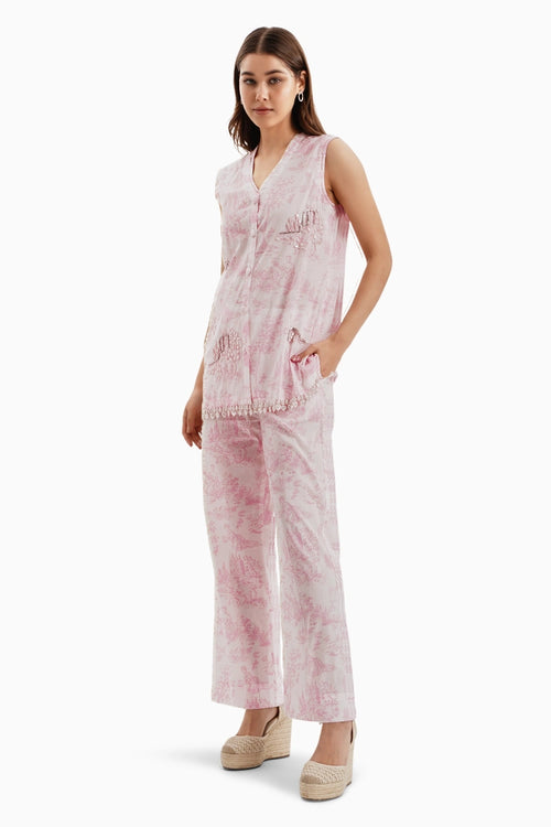 Pink Lawn Cotton Castle Print Jacket and Pants Set With Pearls