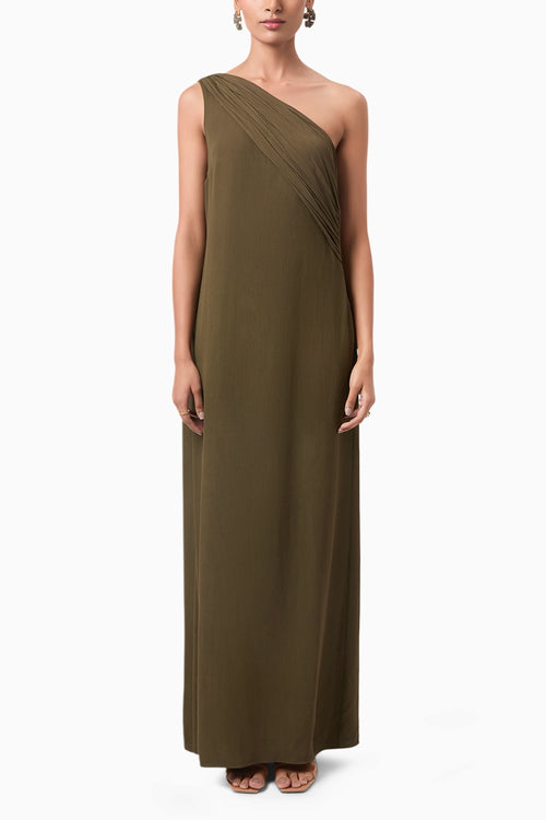 Olive One Shoulder Draped Gown
