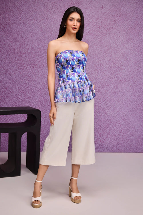 Blue Aquarelle Print Peplum Bustier