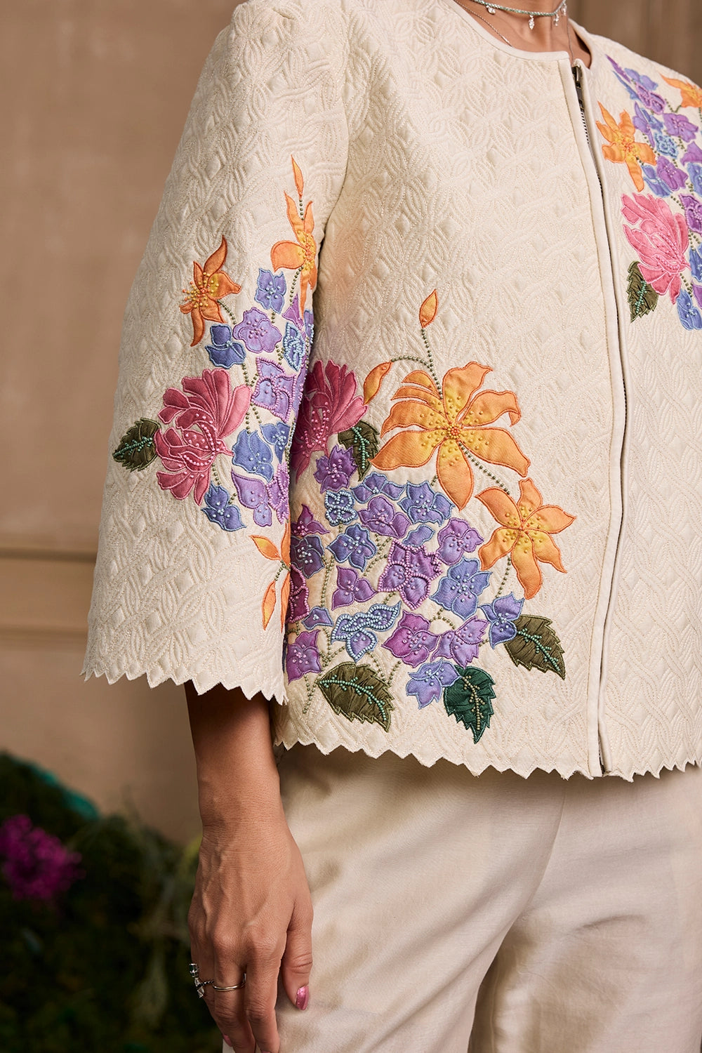 Ivory Smocked Bustier And Short Jacket With Flared Pant