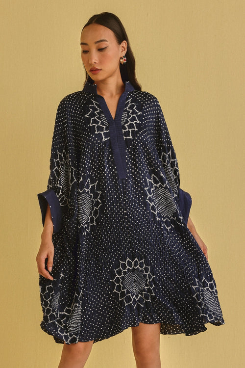 Indigo Gajji Silk Bandhani Dress with Pintucks