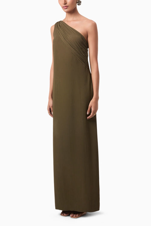 Olive One Shoulder Draped Gown