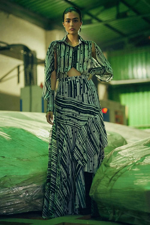 Monochrome Braille Printed Shirt with Skirt