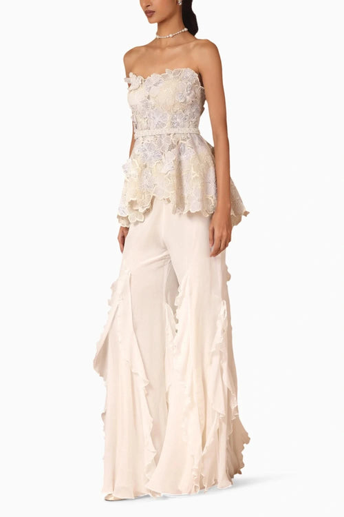 Embroidered Corset Peplum and Belt with Ruffle Godet Pant