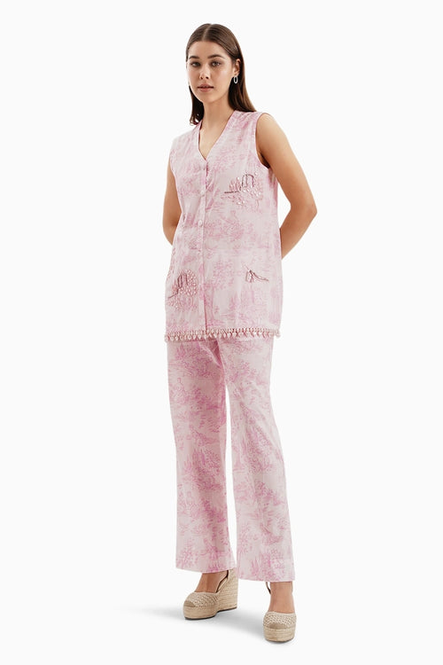 Pink Lawn Cotton Castle Print Jacket and Pants Set With Pearls
