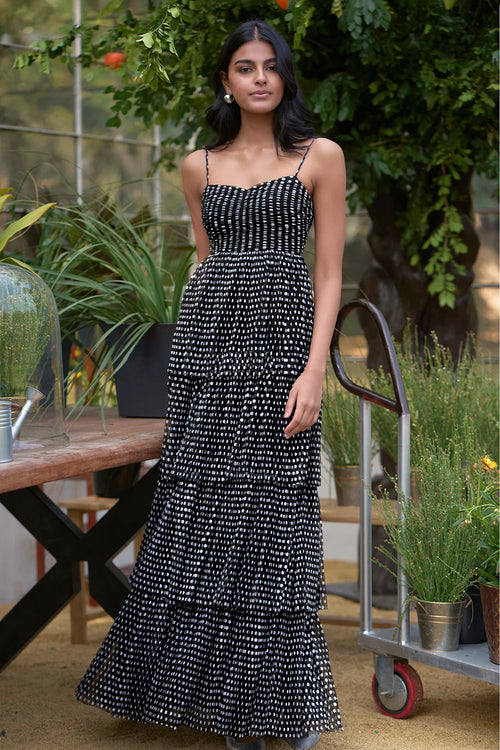 Pleated Polka Dot Tiered Maxi Dress