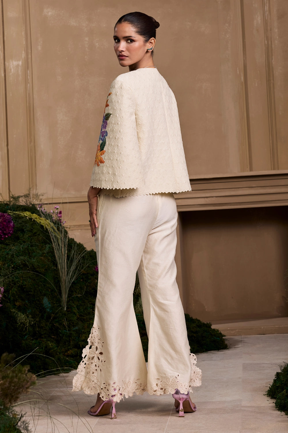 Ivory Smocked Bustier And Short Jacket With Flared Pant