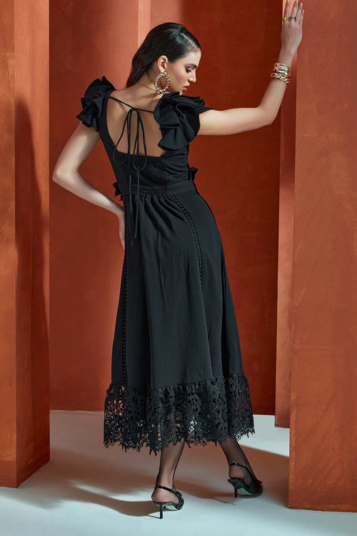 Black Flutter Sleeved Midi Dress