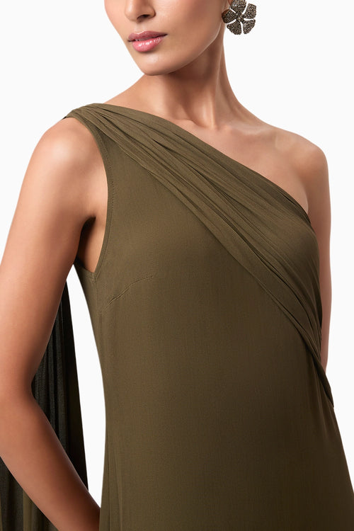 Olive One Shoulder Draped Gown