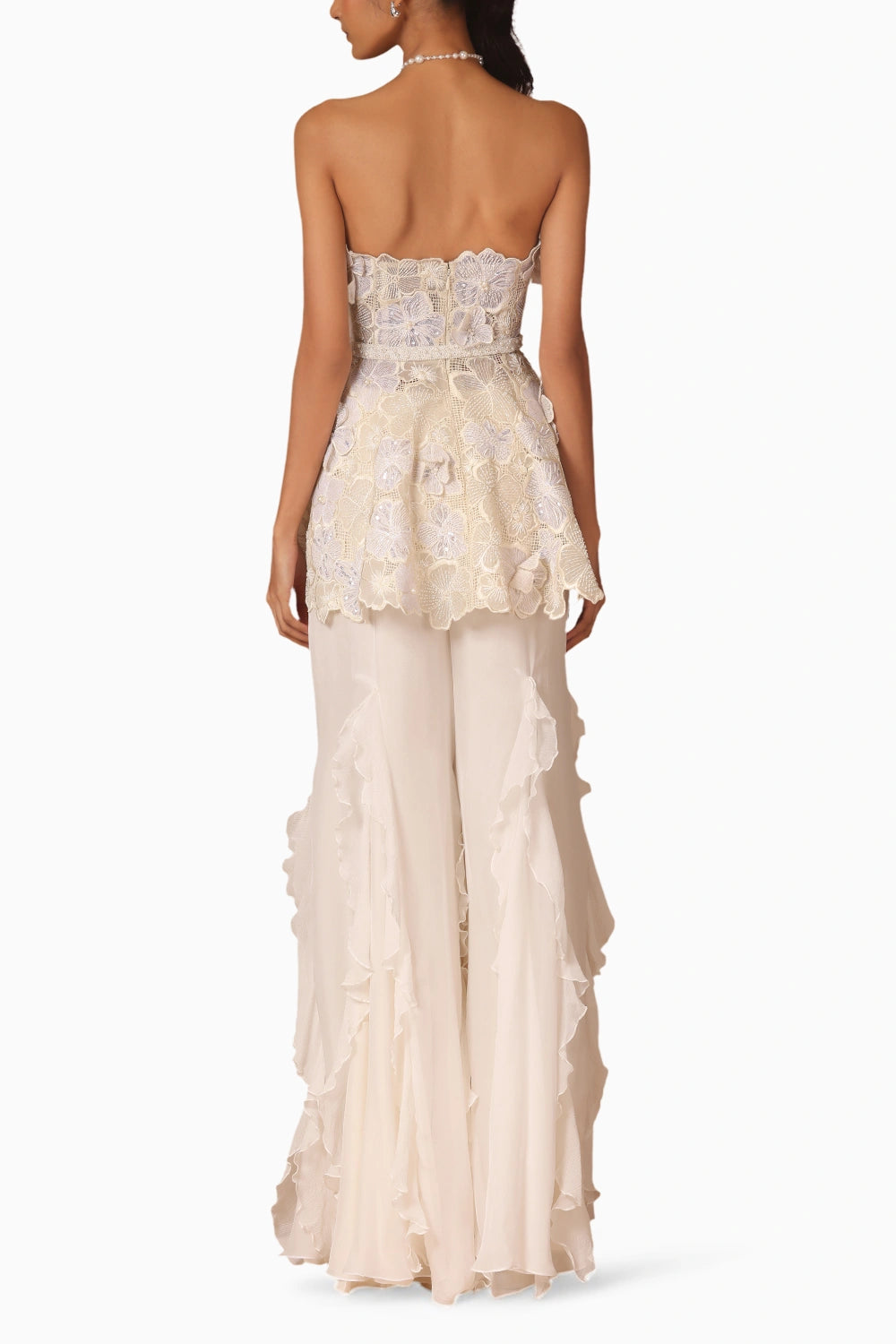 Embroidered Corset Peplum and Belt with Ruffle Godet Pant