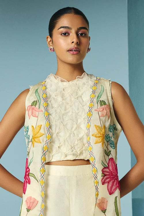 Ivory Floral Applique Long Jacket With Top And Pants