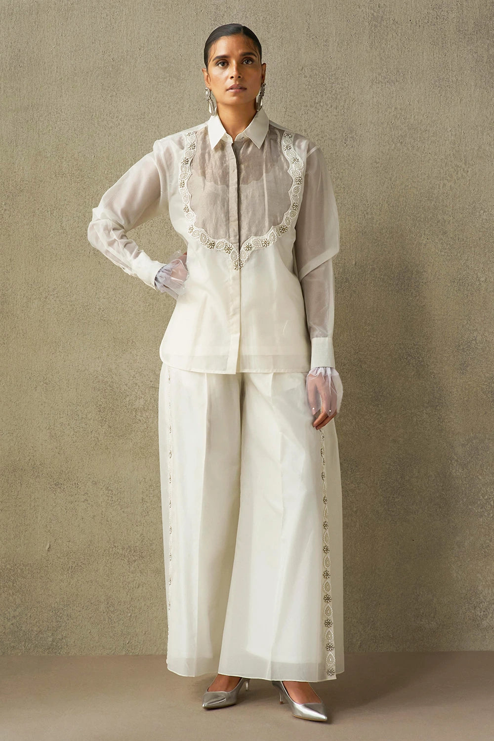 Sudhira Pearl Organza Blouse And Pants Set