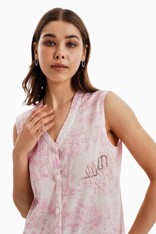 Pink Lawn Cotton Castle Print Jacket and Pants Set With Pearls