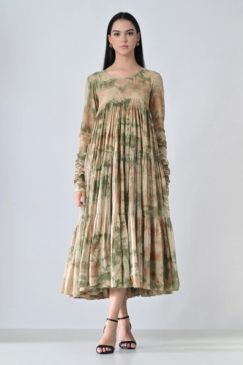 Beige Mist Printed Tiered Midi Dress