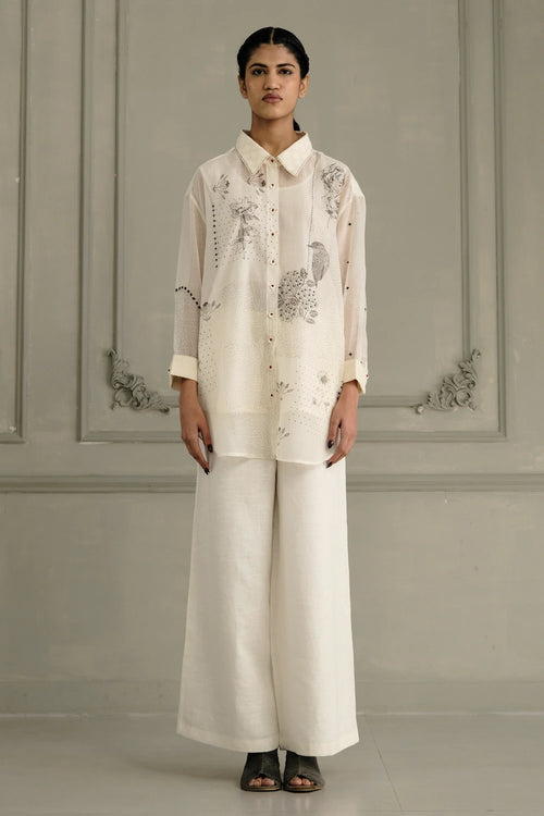 Ivory Mul Chanderi Embroidered Shirt And Linen Pants Set