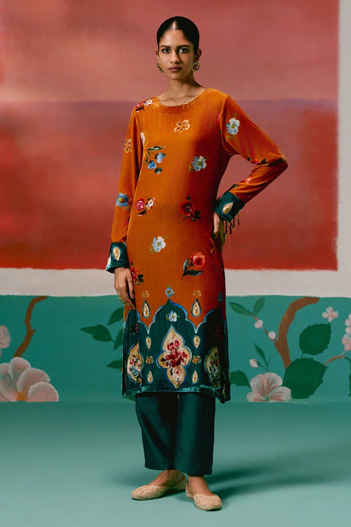 Mustard Teal Floral Velvet Kurta Set