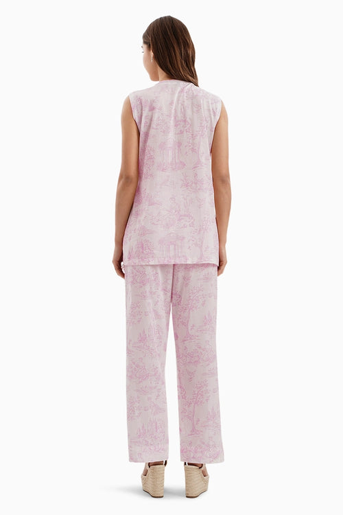 Pink Lawn Cotton Castle Print Jacket and Pants Set With Pearls