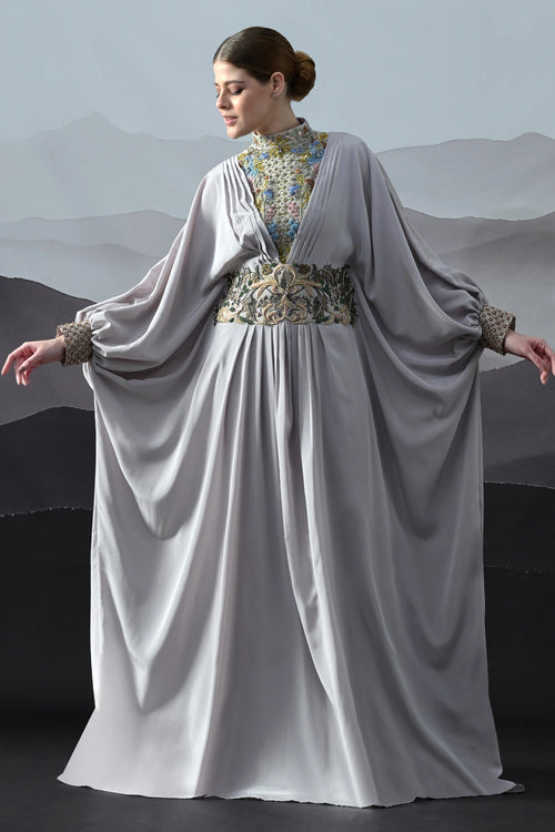 Soft Grey Draped Gown With Hand-Embroidered High Neck
