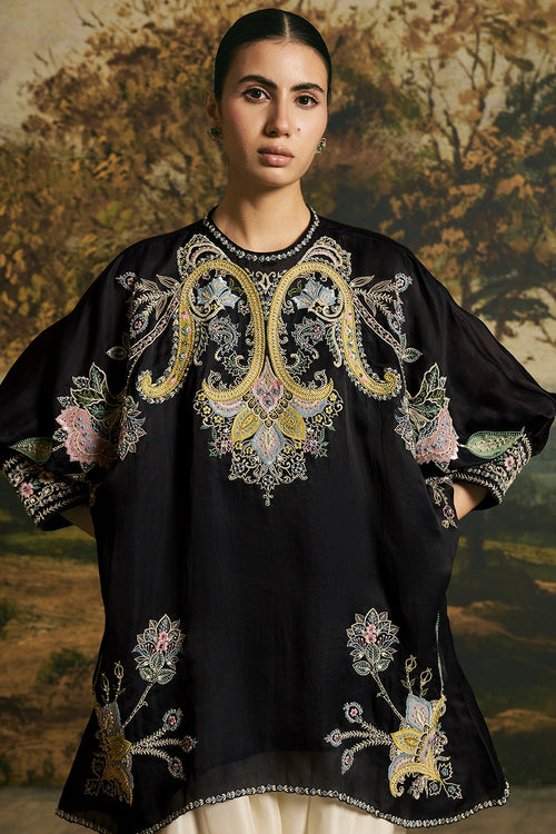 Black Contrast Paisley Detail Tunic With Harem Pants