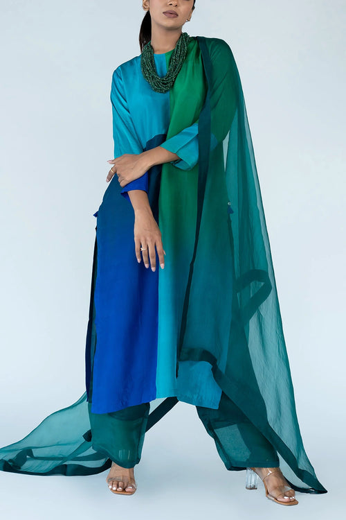 Green Blue Ombre Color Block Kurta Set