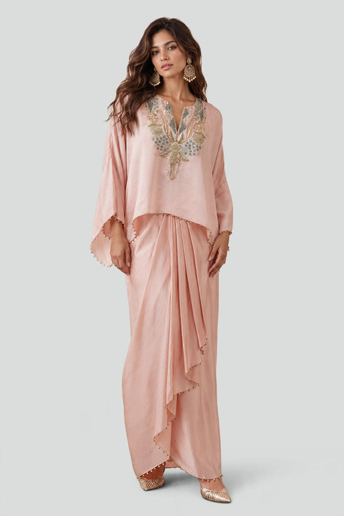 Blush Pink Satin Embroidered Yoke Top And Lungi Skirt