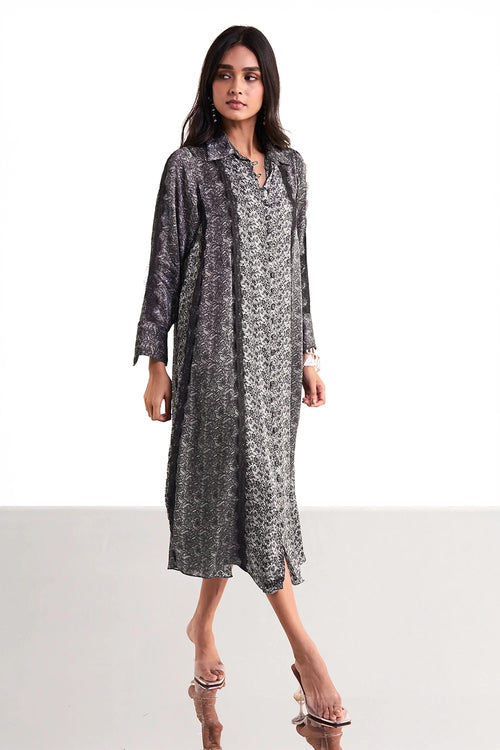 Monochrome Printed Lace Midi Dress