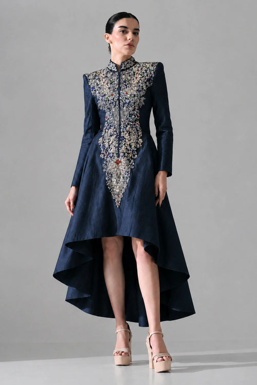 Navy Blue High-Low Dress Defined By Artisanal Embroidery