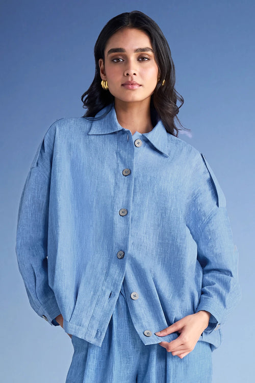 Box Pleated Linen-Textured Shirt