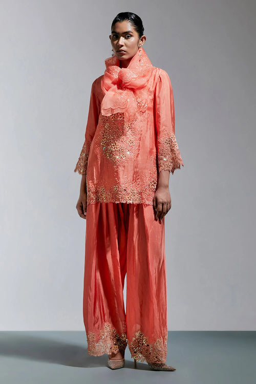 Scalloped Organza Vermilion Dupatta