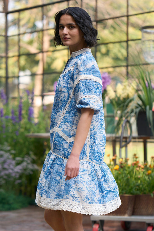 Toile & Lace Tiered Mini Dress
