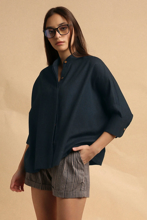 Charcoal Oversized Ret Shirt And Gray Striped PL Shorts Set
