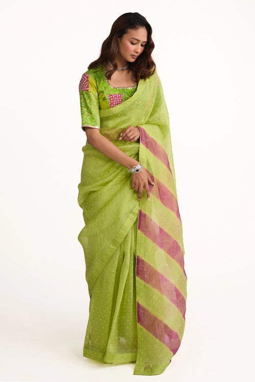 Green Organza Bandhani Saree with Boro Blouse