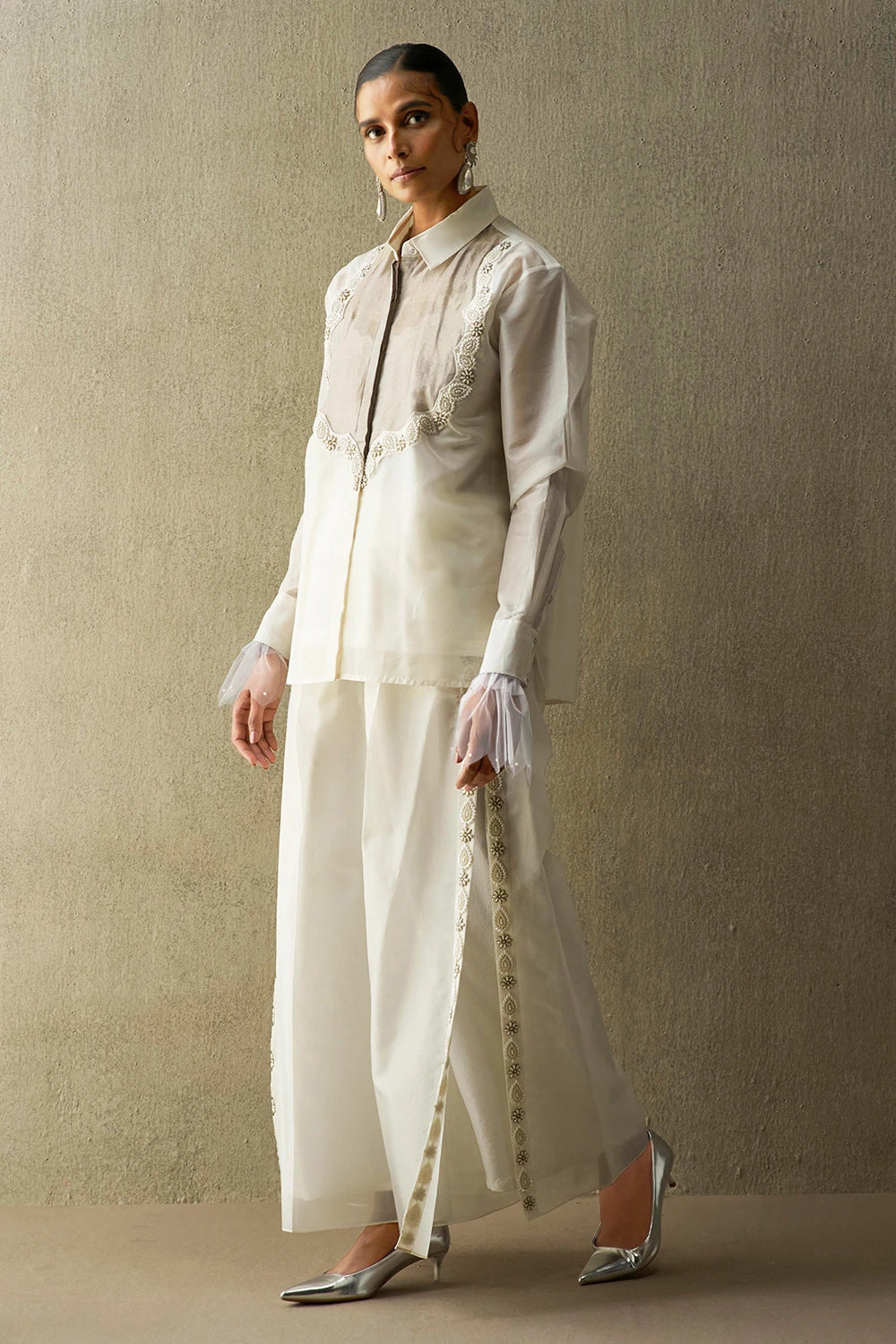 Sudhira Pearl Organza Blouse And Pants Set