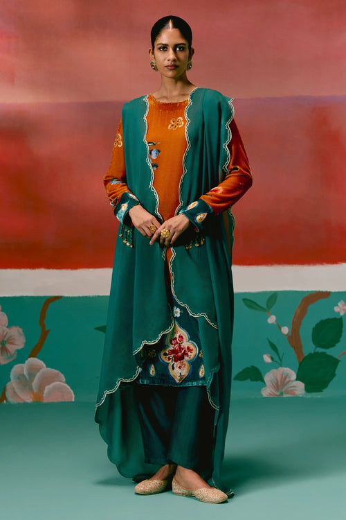 Mustard Teal Floral Velvet Kurta Set with Dupatta