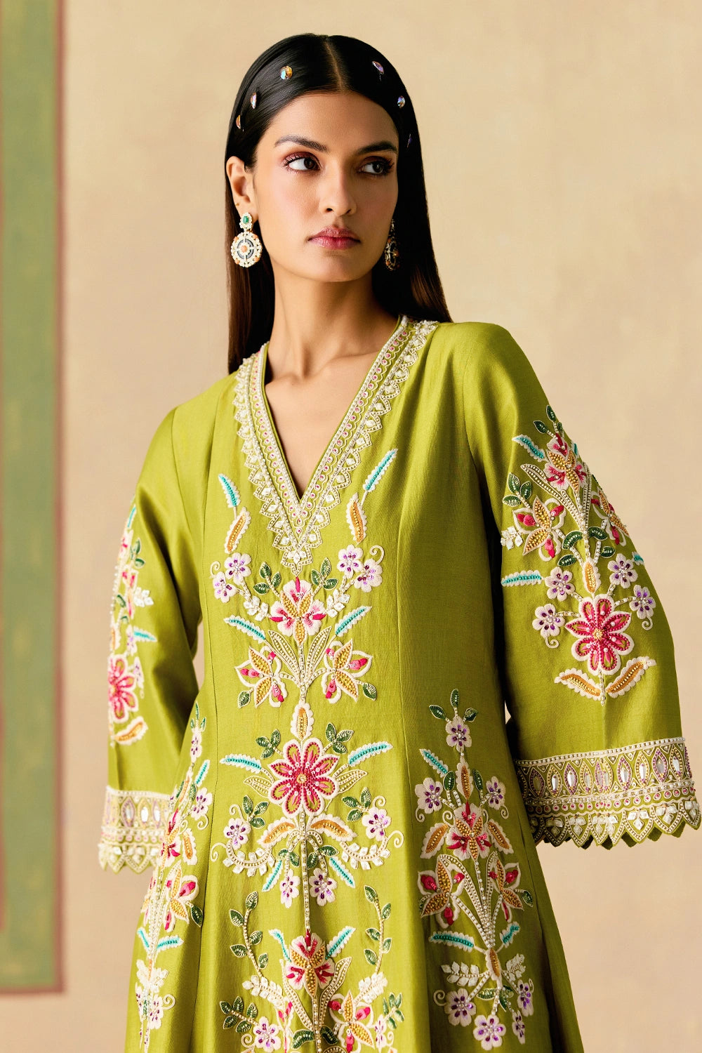 Olive Contrast Cordwork Flared Kurta with Bell Bottom Pants
