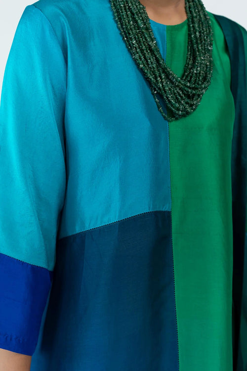 Green Blue Ombre Color Block Kurta Set
