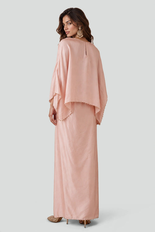 Blush Pink Satin Embroidered Yoke Top And Lungi Skirt