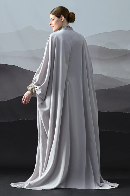 Soft Grey Draped Gown With Hand-Embroidered High Neck