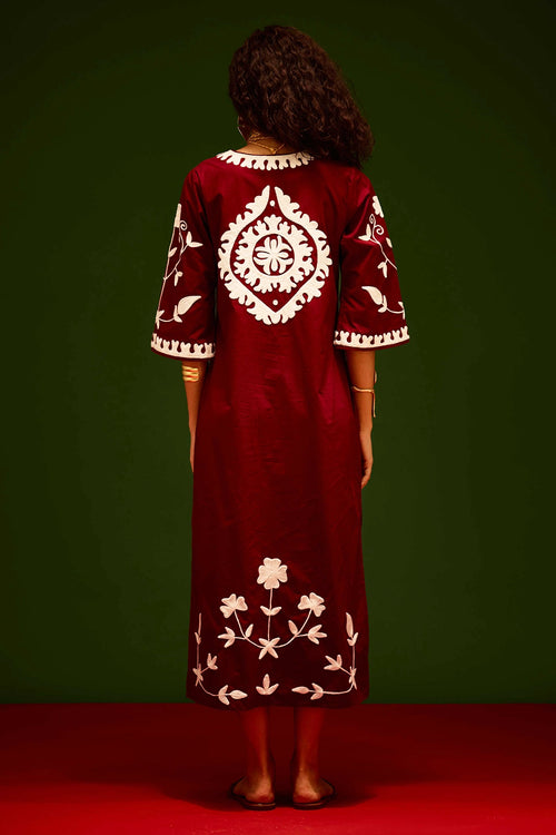 Burgundy Wine Ivory Wave Thread Embroidered Maxi Dress